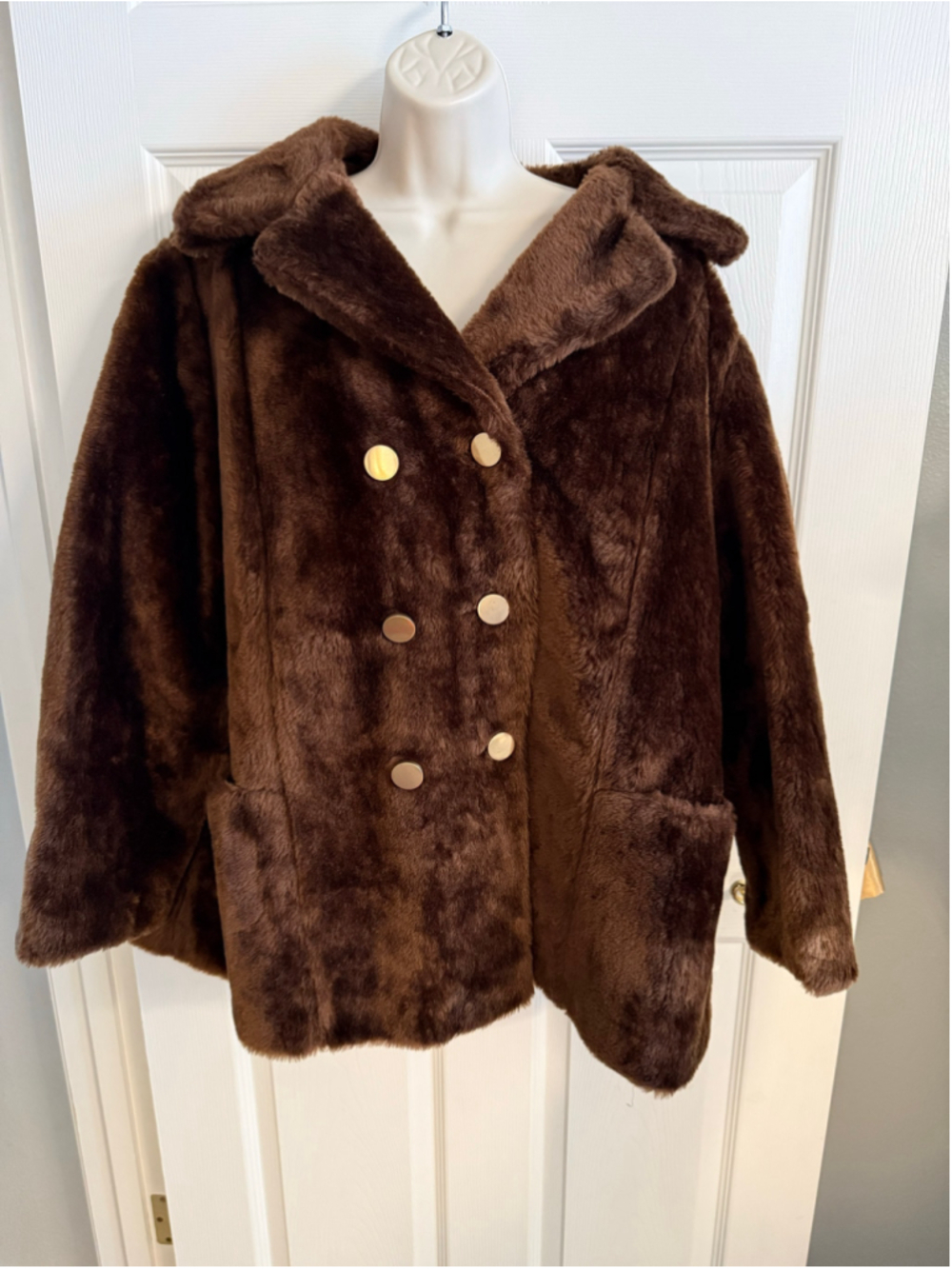 Vtg 1960s Sears Brown Faux Fur Jacket Pea Coat Gold Crest Buttons Plush sz 26.5